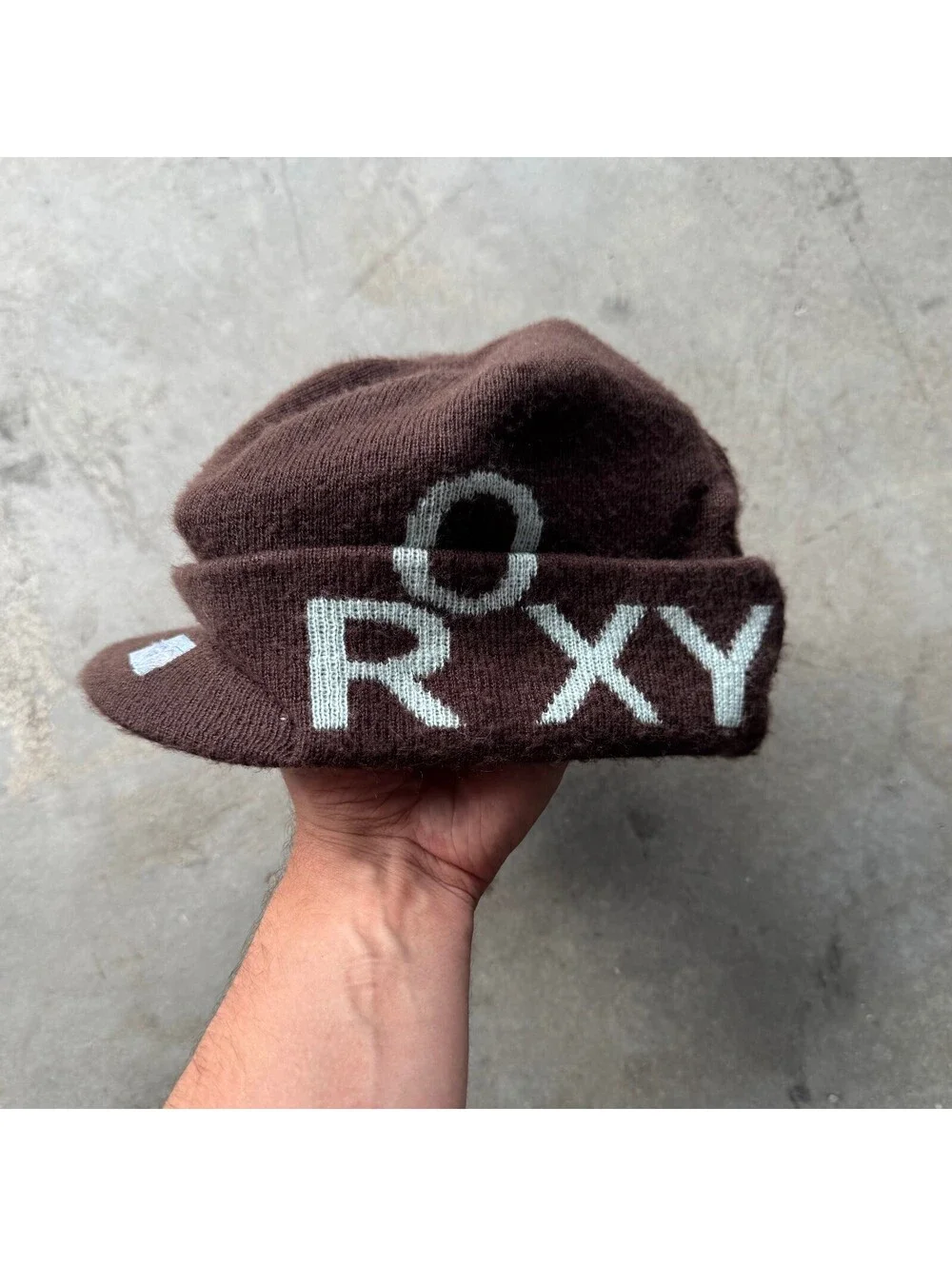Vintage Y2K Roxy Brown Knit Visor Beanie Hat Logo Snow Skate